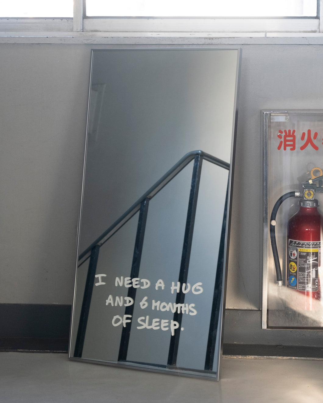 Art:  Print on Mirror (L) : I NEED A HUG & 6 MONTHS OF SLEEP